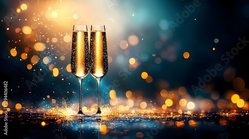 Obraz na płótnie Stylish party atmosphere with two champagne glasses elegantly standing against a blurred glowing backdrop The double exposure effect merges golden sparkles with delicate reflections w salonie