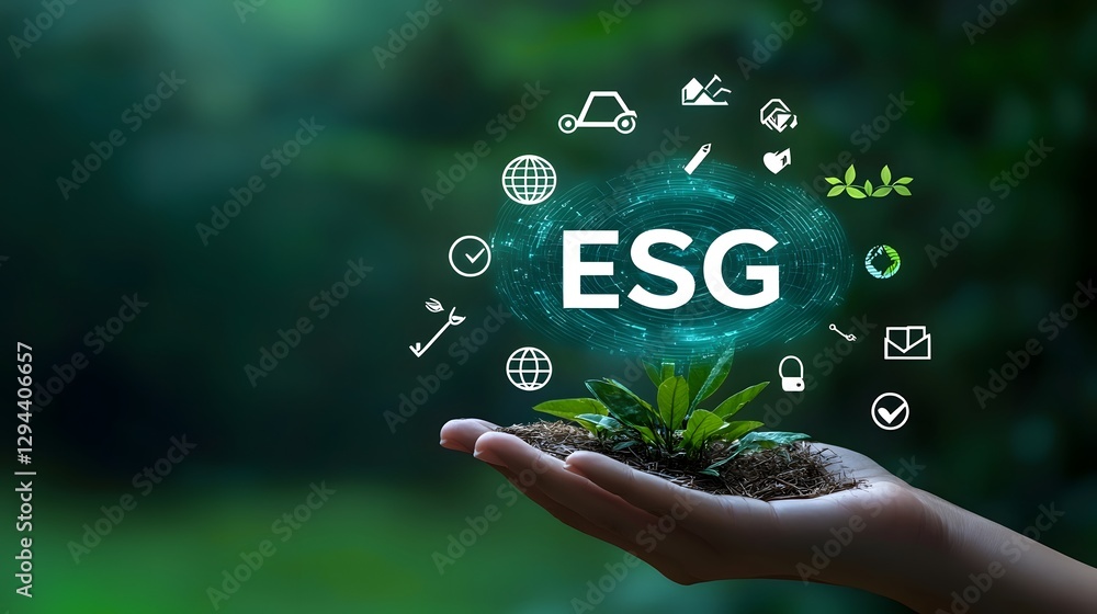 Sustainable Business Concept with ESG Hologram and Eco Friendly Icons Floating Around Representing Modern Technology and Ethical Responsibility for a Greener Future