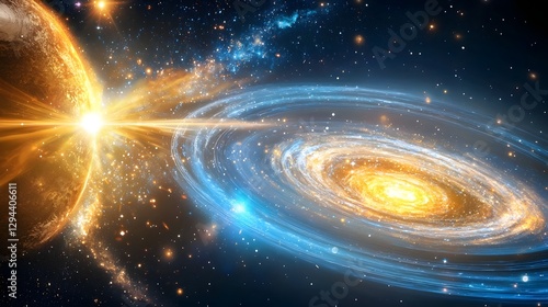 Obraz na płótnie Surreal Intergalactic Voyage with Colorful Swirling Galaxies Merging in a Cosmic Dance Radiant Stars Casting Beams of Light Across the Infinite Universe w salonie