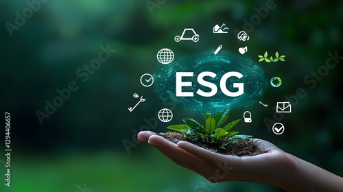 Obraz na płótnie Sustainable Business Concept with ESG Hologram and Eco Friendly Icons Floating Around Representing Modern Technology and Ethical Responsibility for a Greener Future w salonie
