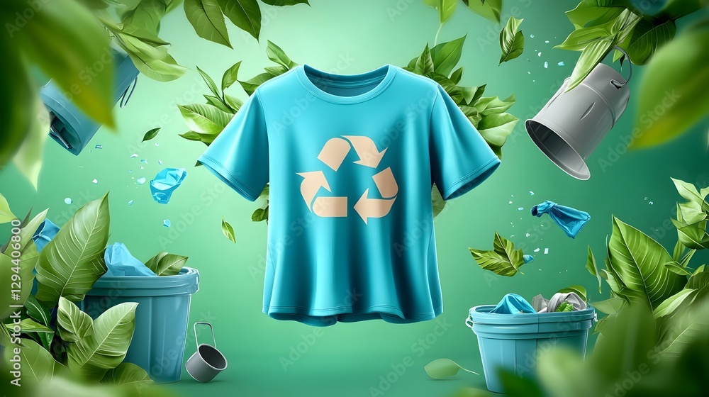 Sustainable Fashion Concept featuring a Recycled Fabric Teal T Shirt with a Prominent Recycle Logo Suspended in Mid Air and Framed by Lush Green Leaves and Organized Waste Bins