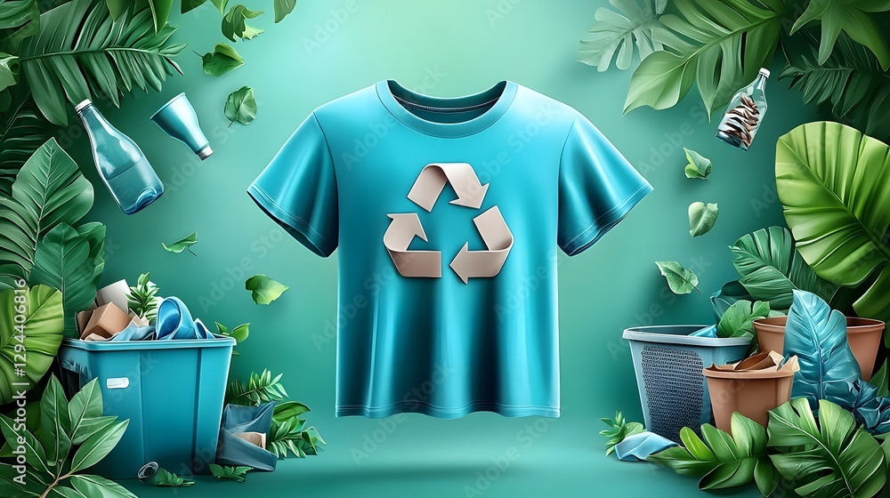 Sustainable Fashion Concept Featuring a Recycled Fabric Teal T Shirt with a Prominent Recycle Logo Suspended in Mid Air and Surrounded by Lush Green Leaves and Organized Waste Bins