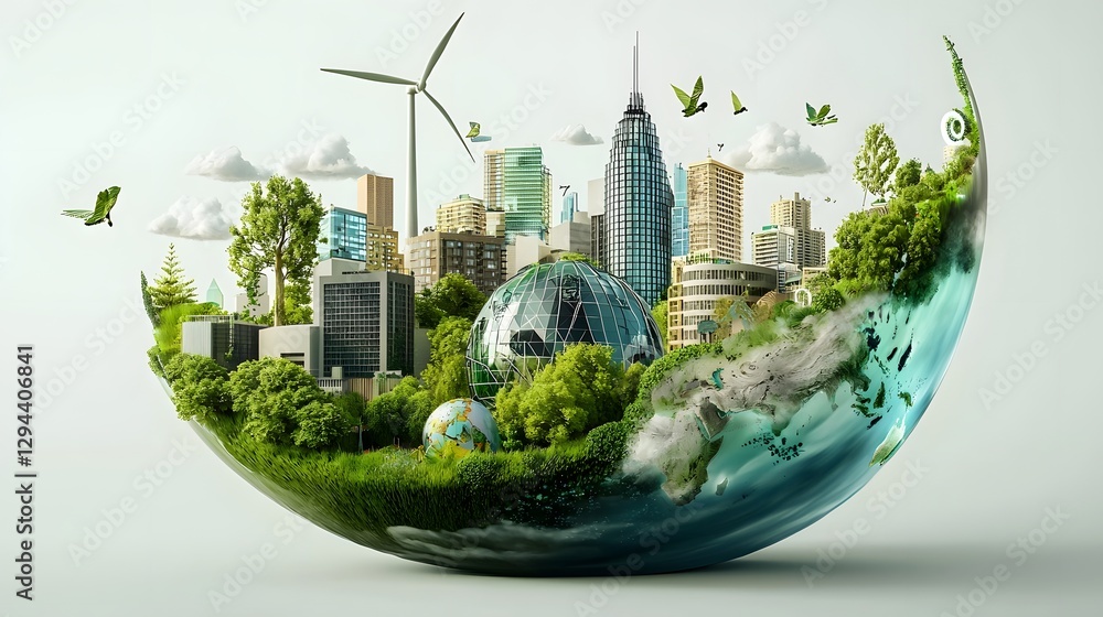 Sustainable Futuristic City with Renewable Energy Sources and ESG Framework in 3D Conceptual eco friendly urban landscape with skyscrapers wind turbines solar panels