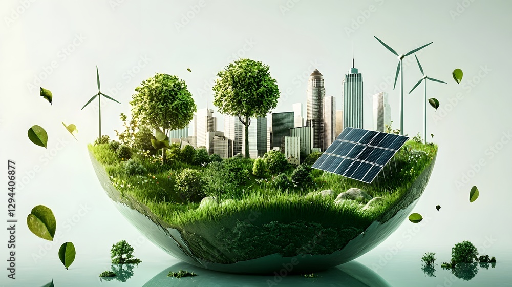 Sustainable Green Energy Cityscape with Wind Turbines and Solar Panels in 3D Eco friendly industrial landscape with renewable power technology and environmental conservation