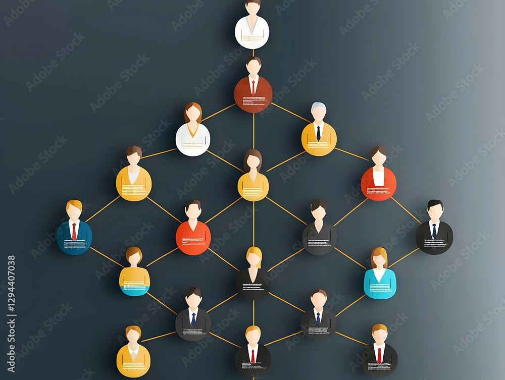 This minimalist corporate hierarchy chart features an elegant gold and black design with sleek icons representing different departments
