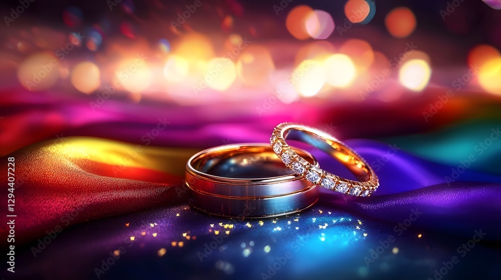 Two elegant gold wedding rings resting on the softly draped LGBT pride flag vibrant rainbow colors flowing beneath warm lighting enhancing the symbolism of love and commitment