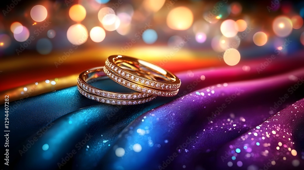 Two exquisite golden wedding rings delicately positioned on the folds of a vibrant pride flag symbolizing the eternal bond of love and the of and diversity