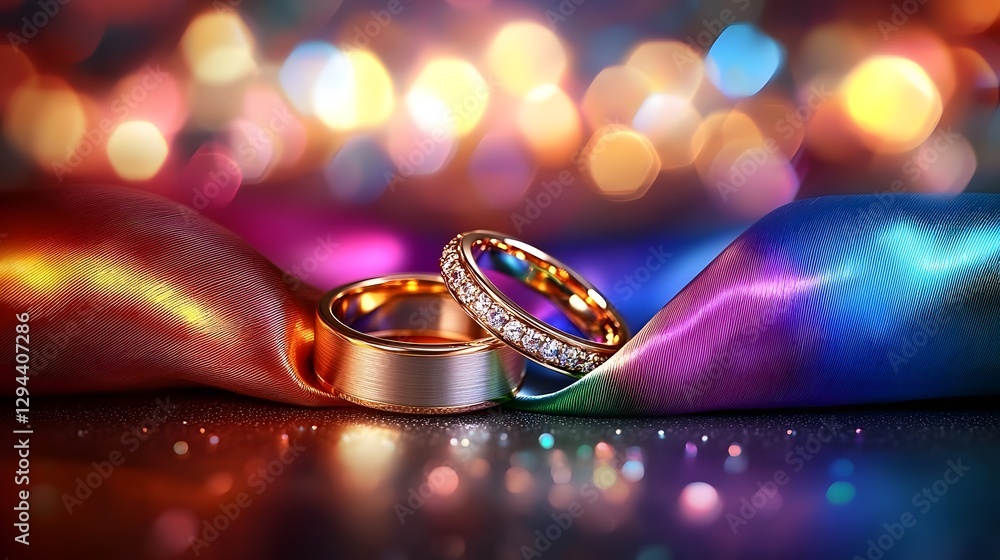 Two elegant gold wedding rings resting on the softly draped LGBT pride flag vibrant rainbow colors flowing beneath