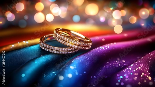 Obraz na płótnie Two exquisite golden wedding rings delicately positioned on the folds of a vibrant pride flag symbolizing the eternal bond of love and the of and diversity w salonie