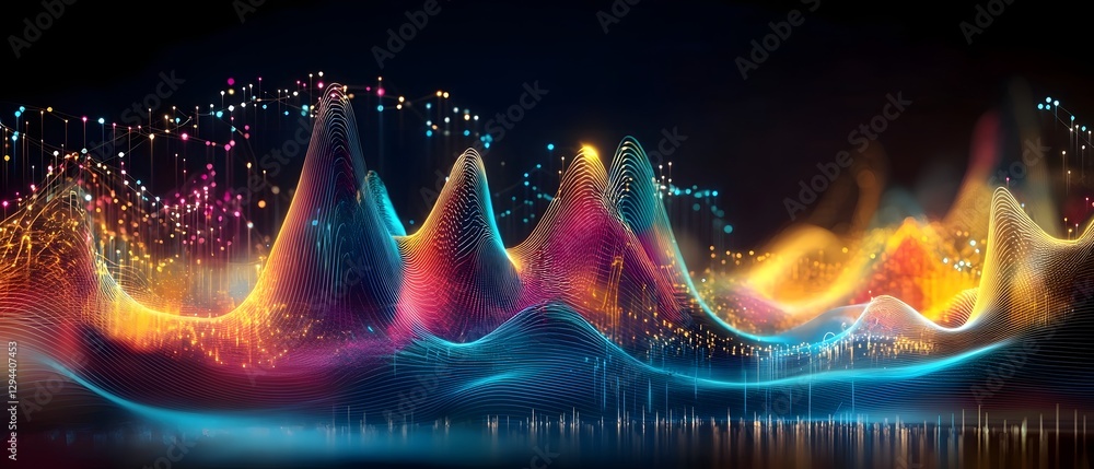 Vibrant Glowing Technological Landscape of Fluid Waveforms and Digital Data Streams Abstract Visualization of Future Science Education and Media Concepts