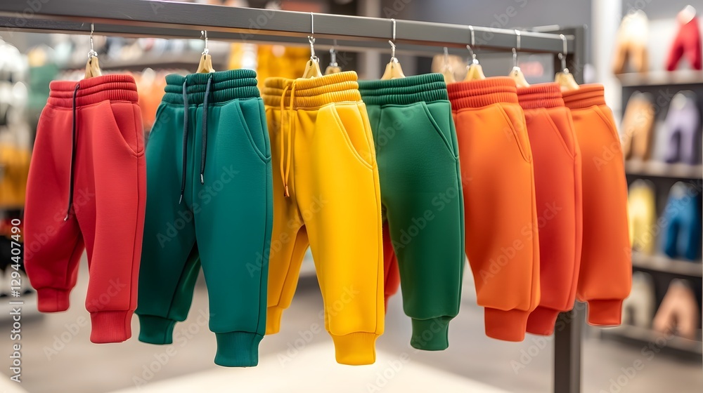 Vibrant Sweatpants Collection Displayed on Clean Industrial Rack in Retail Setting Organized array of colorful casual apparel in a modern minimalist showcase ambiance