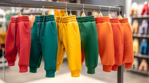 Obraz na płótnie Vibrant Sweatpants Collection Displayed on Clean Industrial Rack in Retail Setting Organized array of colorful casual apparel in a modern minimalist showcase ambiance w salonie