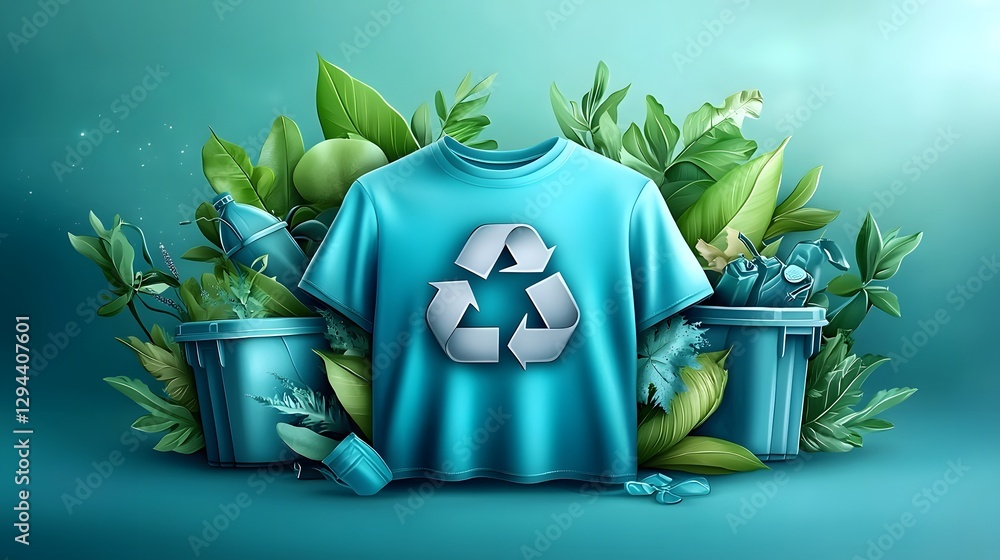 Vibrant teal shirt with prominent recycling icon surrounded by soft lighting lush green leaves and recycling containers emphasizing the concept of organic sustainable