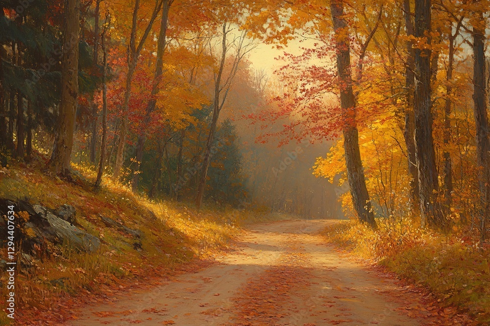 Fototapeta premium Autumn path through woods with sun streaming through colorful leaves Serene landscape