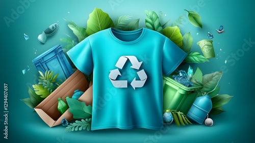 Vibrant teal t shirt with a prominent recycling icon displayed surrounded by soft lighting and lush green leaves emphasizing the theme of environmental responsibility sustainability