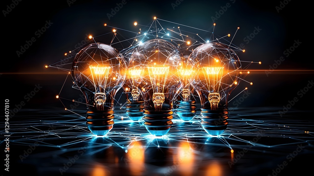 Visually striking and technologically inspired representation of creativity with interconnected bright light bulbs pulsing with energy neon circuits forming a complex digital web set against a deep