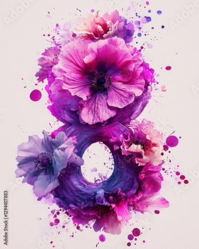 A decorative representation of the floral number 8 in a purple colors. Combination of traditional art techniques, such as watercolor painting, with digital enhancements.