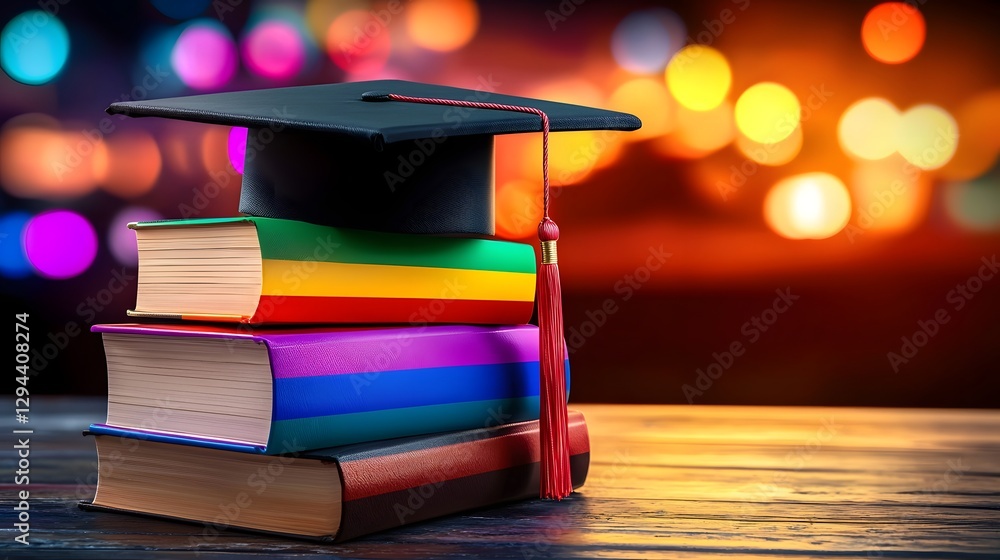 A creative composition featuring stacked books wrapped in pride flag colors with a classic black graduation cap resting on top