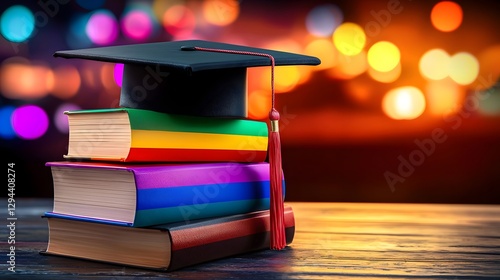 Obraz na płótnie A creative composition featuring stacked books wrapped in pride flag colors with a classic black graduation cap resting on top w salonie