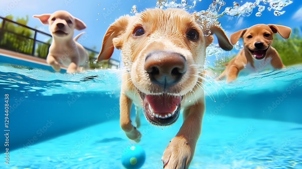A group of energetic puppies chasing toys and diving playfully underwater during a joyful summer pool game their fur floating weightlessly in the vibrant aquatic atmosphere