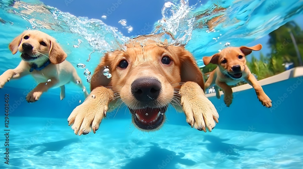 A group of adorable puppies of various breeds diving underwater in a swimming pool captured with their playful expressions and surrounded by bubbles