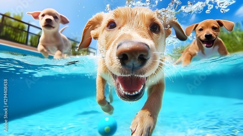 Obraz na płótnie A group of energetic puppies chasing toys and diving playfully underwater during a joyful summer pool game their fur floating weightlessly in the vibrant aquatic atmosphere w salonie