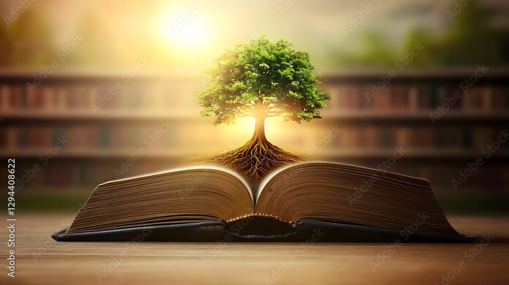 A majestic Tree of Knowledge rises from the pages of an open vintage book its branches glowing with wisdom and surrounded by an endless library of timeless philosophical works