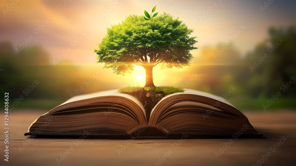 A majestic Tree of Knowledge rising from the pages of an open vintage book its branches glowing with wisdom and enlightenment surrounded by an endless library of timeless philosophical works