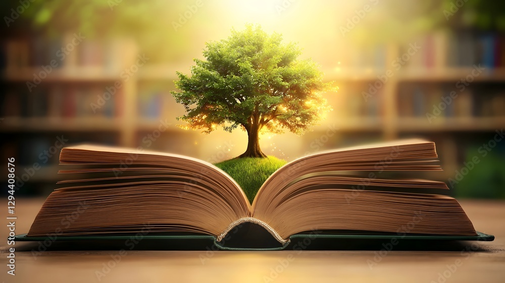 A majestic Tree of Knowledge rising from the pages of an open vintage book its branches glowing with wisdom and surrounded by an endless library of timeless philosophical works