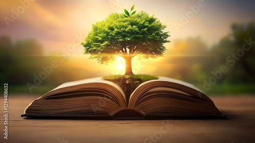 Obraz na płótnie A majestic Tree of Knowledge rising from the pages of an open vintage book its branches glowing with wisdom and enlightenment surrounded by an endless library of timeless philosophical works w salonie