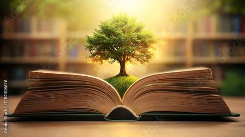 A majestic Tree of Knowledge rising from the pages of an open vintage book its branches glowing with wisdom and surrounded by an endless library of timeless philosophical works
