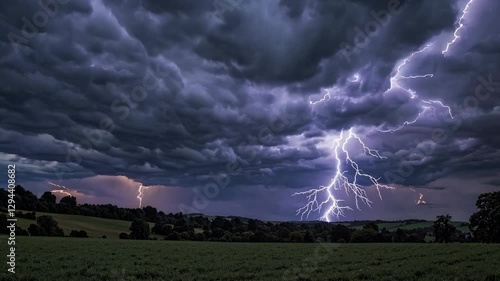 Wallpaper Mural Striking lightning illuminates somber stormy skies over a serene countryside, showcasing nature’s fierce energy and the drama of a night filled with thunder and rain Torontodigital.ca