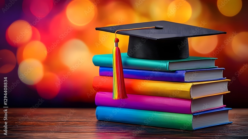 A neatly stacked pile of hardcover books wrapped in vibrant rainbow covers symbolizing LGBTQ pride and inclusive education topped with a black graduation cap The warm