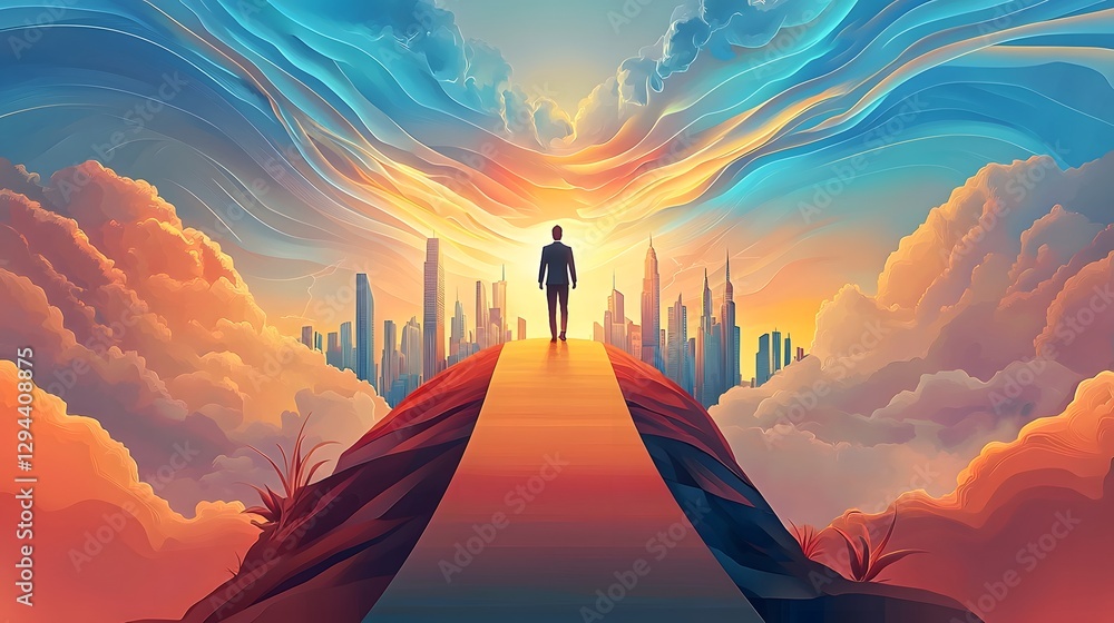 A powerful digital depicts an ambitious business leader standing at the finish line facing a dynamic city skyline in the background This dramatic scene symbolizes the accomplishment of goals