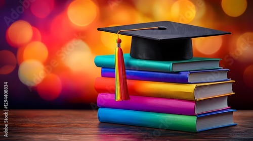 Obraz na płótnie A neatly stacked pile of hardcover books wrapped in vibrant rainbow covers symbolizing LGBTQ pride and inclusive education topped with a black graduation cap The warm w salonie