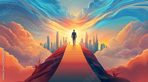 Obraz na płótnie A powerful digital depicts an ambitious business leader standing at the finish line facing a dynamic city skyline in the background This dramatic scene symbolizes the accomplishment of goals w salonie