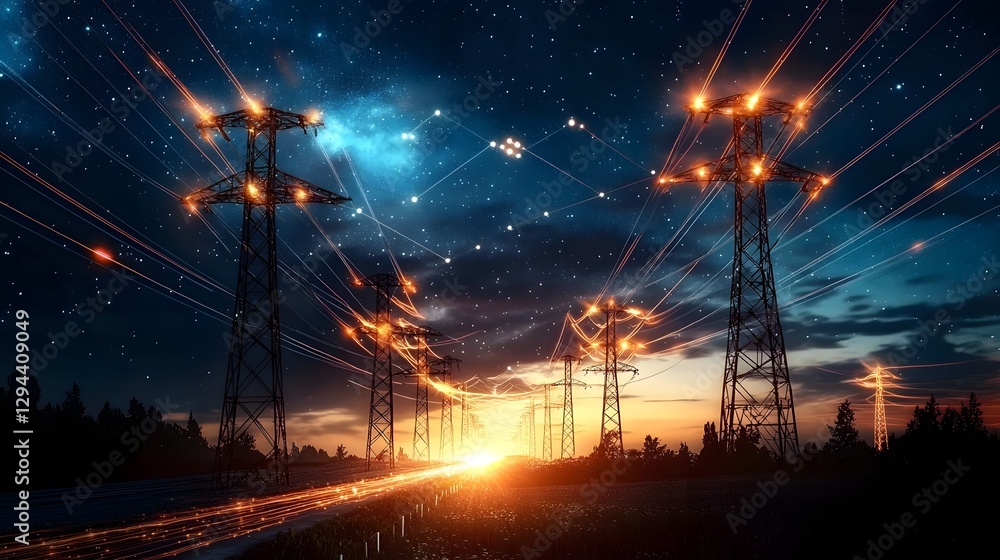 Abstract electricity network with glowing orange energy currents running through towering pylons creating a dynamic contrast against the tranquil night sky