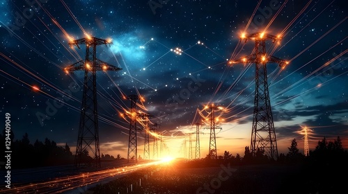 Obraz na płótnie Abstract electricity network with glowing orange energy currents running through towering pylons creating a dynamic contrast against the tranquil night sky w salonie
