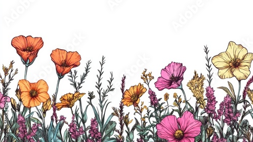 Vibrant Floral Illustration with Colorful Blossoms and Greenery