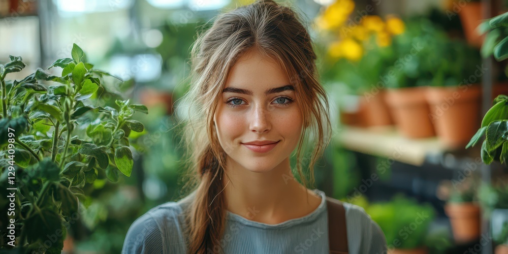 Young woman smiles warmly in a vibrant garden center filled with plants and flowers during daylight Young woman smiles warmly in a vibrant garden center filled with plants and flowers during daylight
