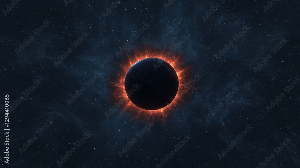 Celestial Event with Dark Sphere Surrounded by Fiery Corona Effect Celestial Event with Dark Sphere Surrounded by Fiery Corona Effect