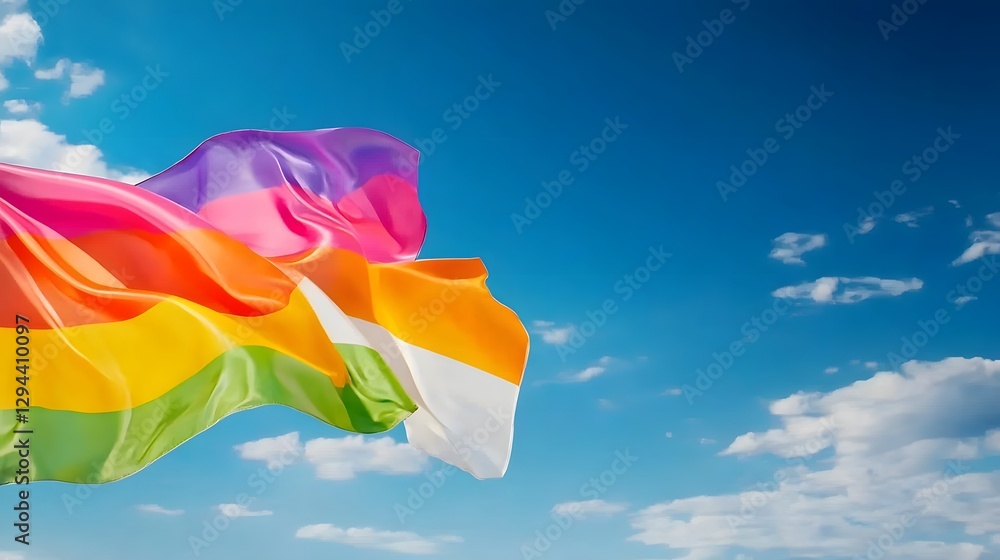 Bright and vibrant LGBTQ pride flag fluttering high in the air its rainbow fabric illuminated by the sunlight against a vast clear blue sky The flag stands as a powerful symbol of inclusion