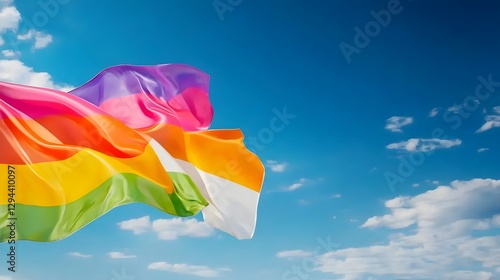 Obraz na płótnie Bright and vibrant LGBTQ pride flag fluttering high in the air its rainbow fabric illuminated by the sunlight against a vast clear blue sky The flag stands as a powerful symbol of inclusion w salonie