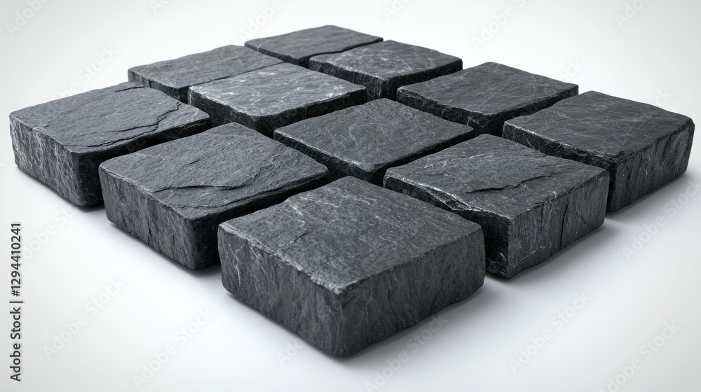 Grey Slate Stone Tiles Arranged in a Geometric Pattern on Surface Grey Slate Stone Tiles Arranged in a Geometric Pattern on Surface