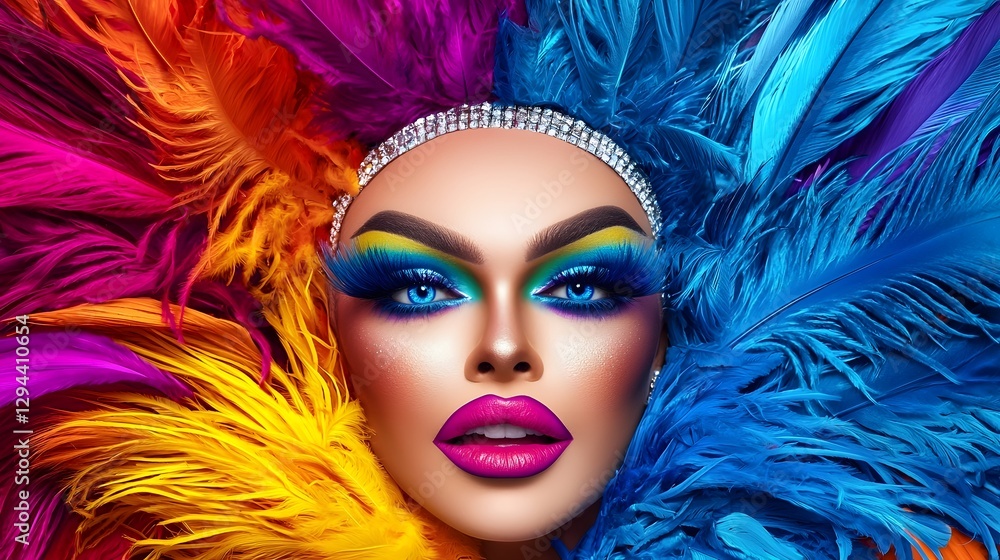 Captivating drag performer wearing an elaborate rainbow ensemble dramatic contouring and shimmering eyeshadow exuding confidence and self expression The image showcases the performer s bold