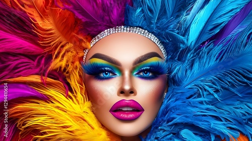 Obraz na płótnie Captivating drag performer wearing an elaborate rainbow ensemble dramatic contouring and shimmering eyeshadow exuding confidence and self expression The image showcases the performer s bold w salonie