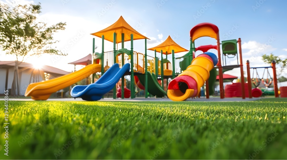 Cheerful and Colorful Outdoor Playground with Vibrant Multicolored Jungle Gyms Slides and Grass Providing a Safe and Fun Environment for Active Children to Play and Explore