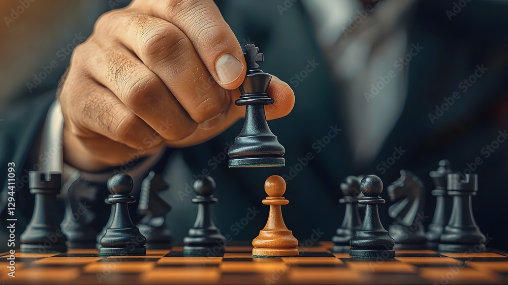 Close up of a businessman s hand confidently placing the king chess piece on a chessboard representing leadership smart decision making