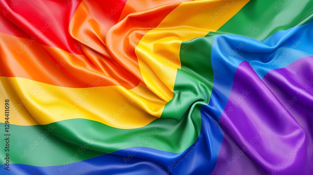 Close up image of a textured multicolored rainbow pride flag with gentle folds and shadows adding depth and dimension The vibrant soft fabric represents the strength inclusivity