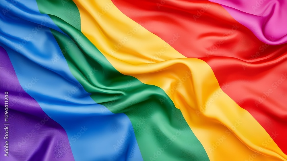 Close up of a textured rainbow pride flag with gentle folds and shadows adding depth and dimension The vibrant colorful fabric symbolizes the strength inclusivity